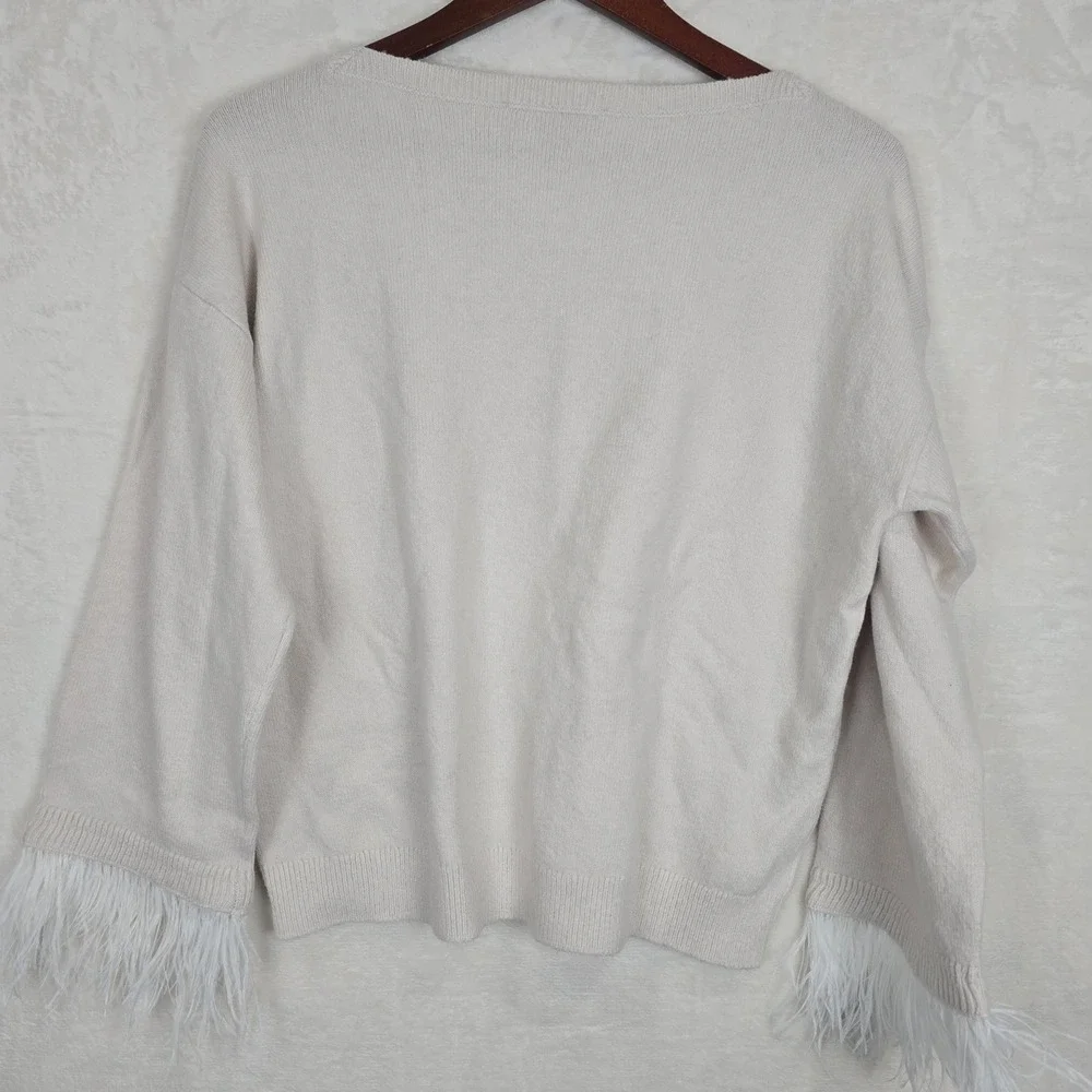 Loft Womens Cream Feather Cuff Crew Neck Sweater Large NWT Ivory Knit Pullover
